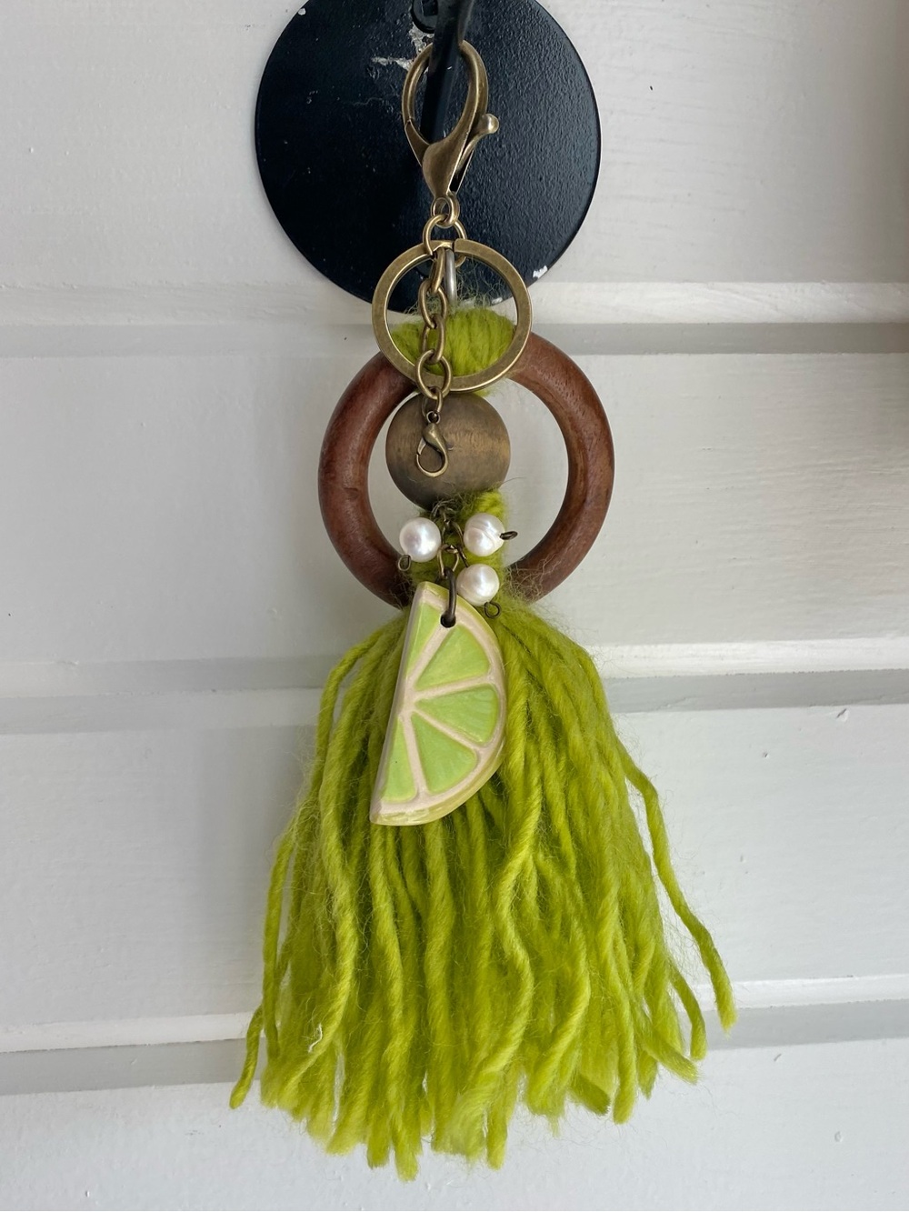 Green Tassel Lime Slice Keychain with Wooden Ring